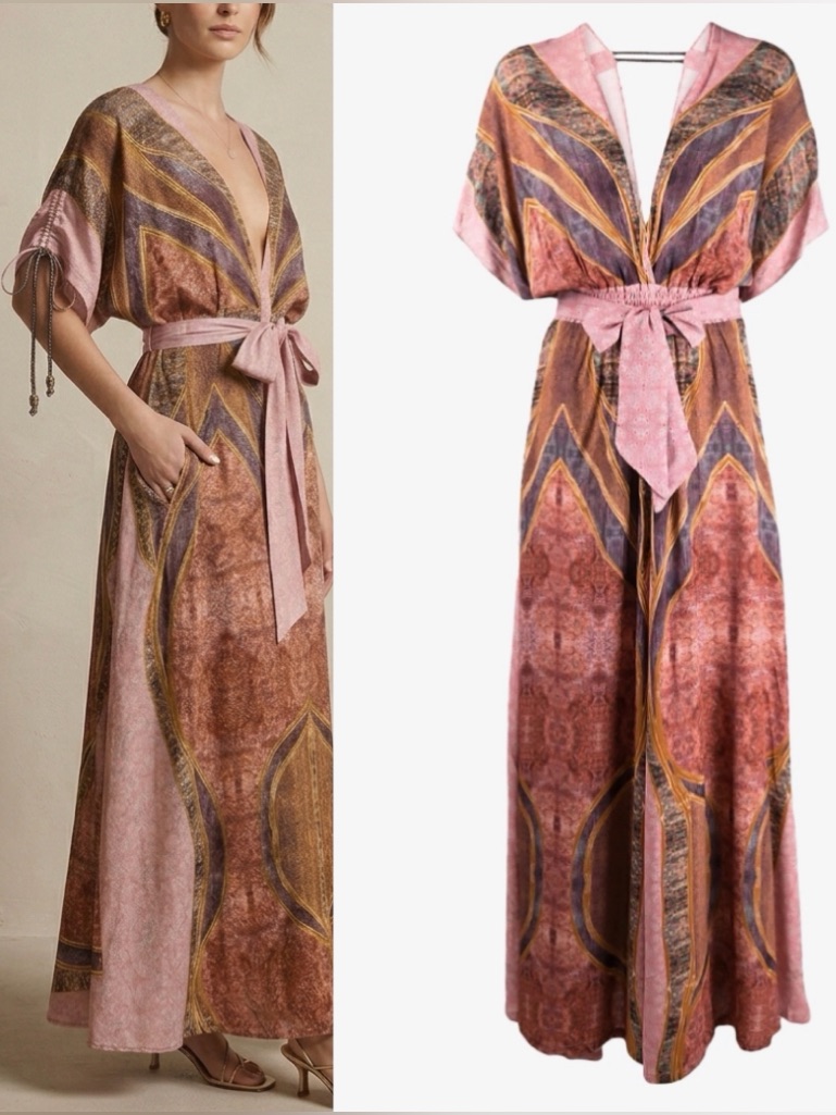 Mes Demoiselle Bazora Maxi Dress Rose Combo Print Deep V-Neck With Pockets Us 4
